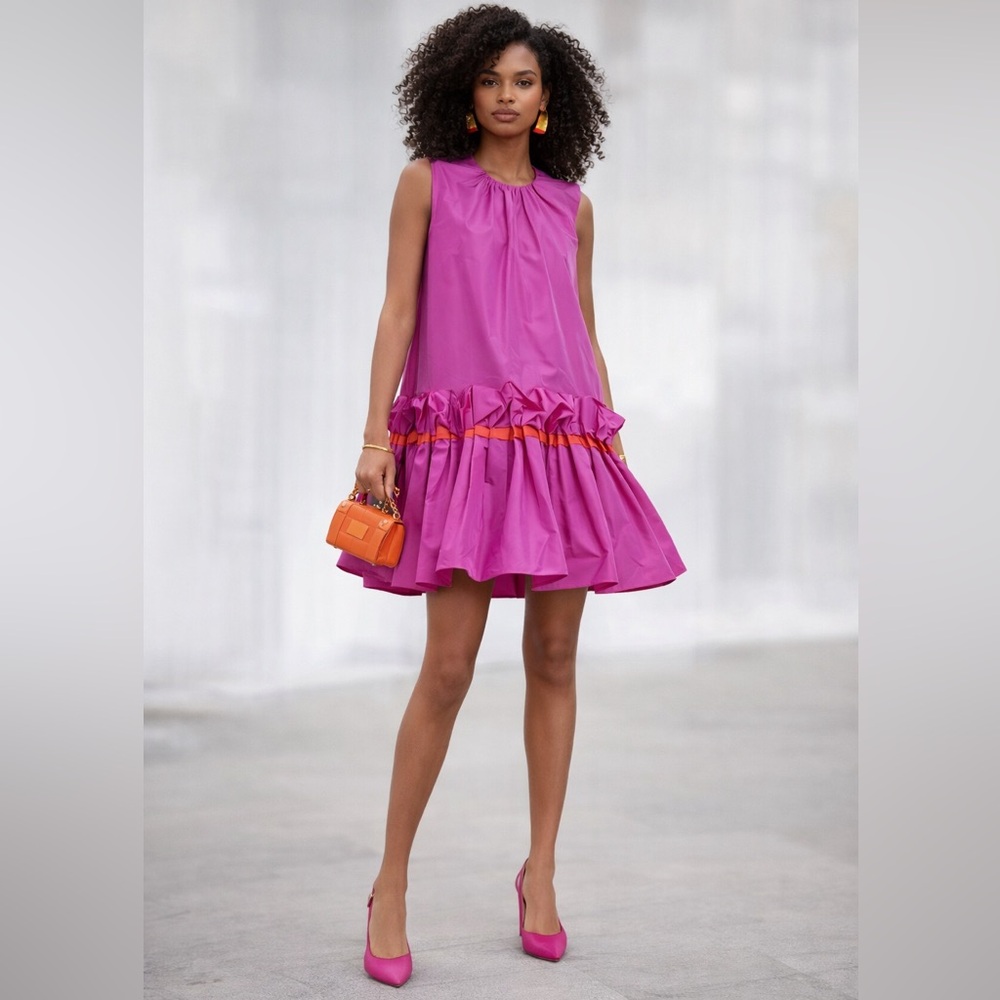 ROKSANDA Jura Pleated Mini Dress Magenta Pink Orange Trim | US 10